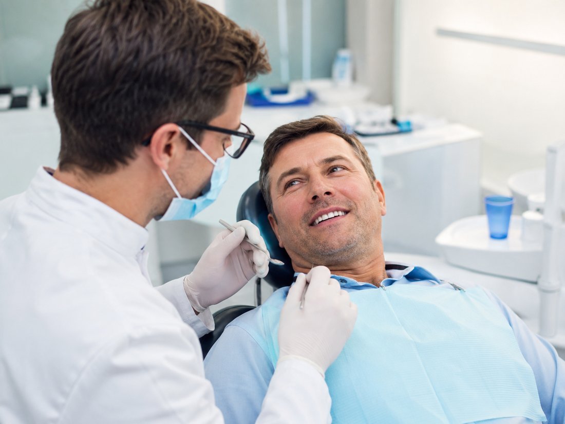 Paciente sorrindo durante atendimento na clínica