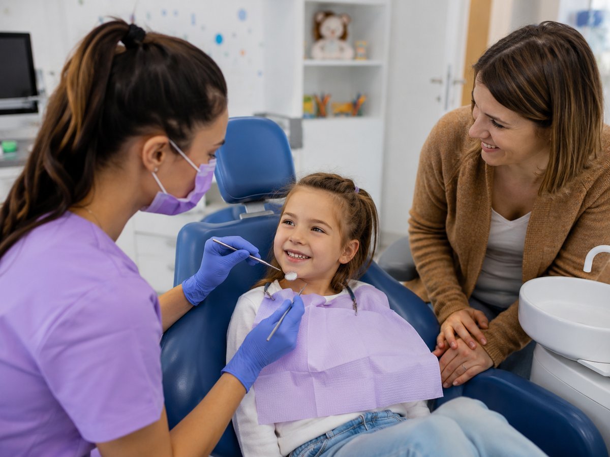 Criança sorrindo em atendimento odontopediátrico com a mãe ao lado