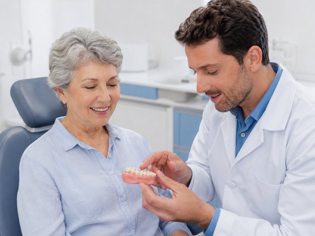 Dentista apresentando uma prótese dentária à paciente